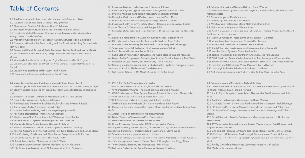 Table of Contents from the 2017 NAB Engineering Handbook 11th Edition