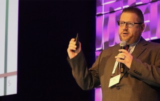 Hans Meyer presents his Challenge project at NAB Futures in Palo Alto, Calif.