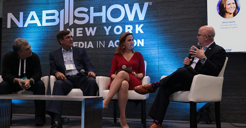 The keynote panel (from the left Scott Ehrlich, VP of Emerging Platform Content at Sinclair Broadcast Group; Tom O’Brien, Senior Advisor at McKinsey & Company, and Executive in Residence at Progress Partners; Alicia Syrett, Founder & CEO of Pantegrion Capital; Sam Matheny, EVP Technology and CTO at NAB)