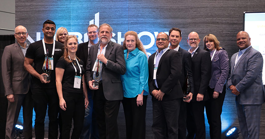 Picture: Winners of Pitch Prize with the judges and NAB CTO Sam Matheny. (Front row from left: Partha Ray and Chloe Kettell of PolyPort; John B. Casey and Bonnie Beeman of Airwavz.tv; and Ashok Sharma and Yannick Defrenne of Teamium)