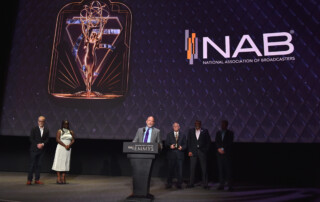 Sam Matheny from the National Association of Broadcasters (NAB) accepts the Philo T. Farnsworth Corporate Achievement Award given to the NAB at the 75th Engineering, Science & Technology Emmy Awards on Wednesday, October 18, 2023 onstage at the Television Academys Wolf Theatre in the Saban Media Center in Los Angeles, CA. (Photo by Jordan Strauss/Invision for The Television Academy/AP Images)